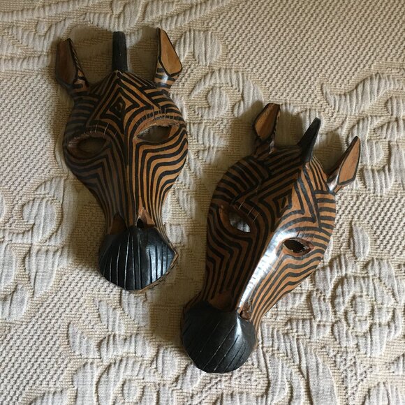Two Small Hand Crafted Wooden African Zebra Masks - Picture 2 of 8